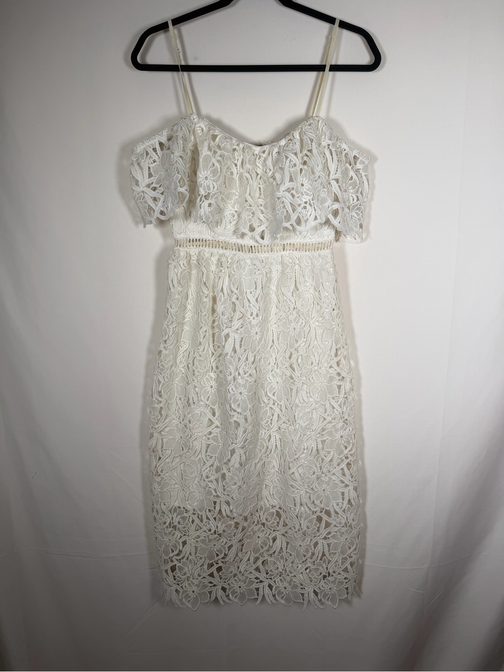 Astr White Lace Off-Shoulder Sleeves Midi Dress -โ Boho, Bride, Brunch